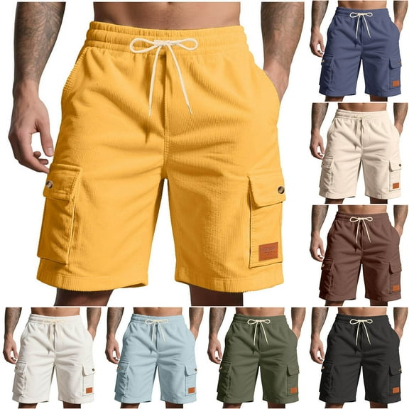 FRSASU Men's Corduroy Multi Pocket Cargo Shorts Casual Elastic Waist Drawstring Lightweight Summer Beach Shorts Yellow