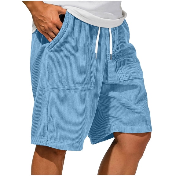 FRSASU Men's Corduroy Shorts Casual Elastic Drawstring Lightweight Summer Beach Shorts with Pockets Sky Blue