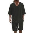 thumbnail image 1 of FRSASU Men's Cotton 2 Pieces Shirt Set Short Sleeve Casual Hippie Holiday Beach V Neck T-Shirts and Cargo Shorts Outfits Black, 1 of 6