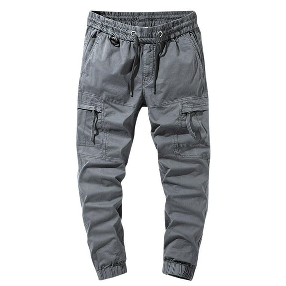 FRSASU Men's Cotton Cargo Pants Elastic Waist Casual Pants Stretch Work Cargo Pant with Pockets Gray
