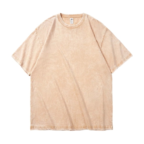 FRSASU Men's Cotton Drop Shoulder T-Shirts Oversized Unisex Short Sleeves Casual Loose Vintage Acid Wash Solid Basic Tee Tops Streetwear Beige