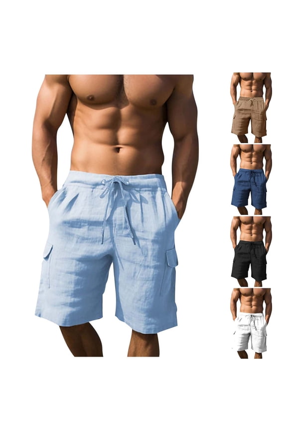 Men's Cotton Linen Cargo Shorts Summer Casual Elastic Waist Drawstring Lightweight Beach Vacation Shorts with Pockets White