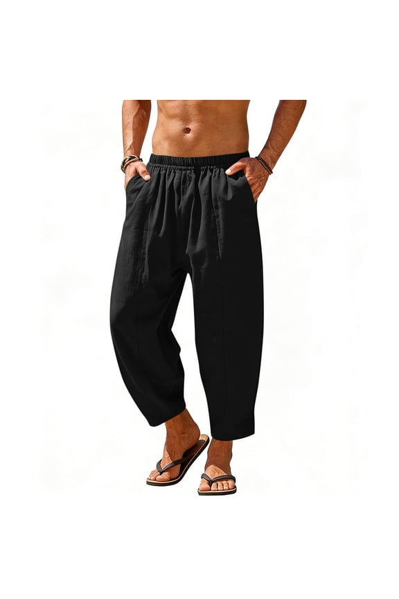 Men's Cotton Linen Harem Pants Drawstring Casual Cropped Trousers Lightweight Loose Beach Yoga Pants with Pockets Black