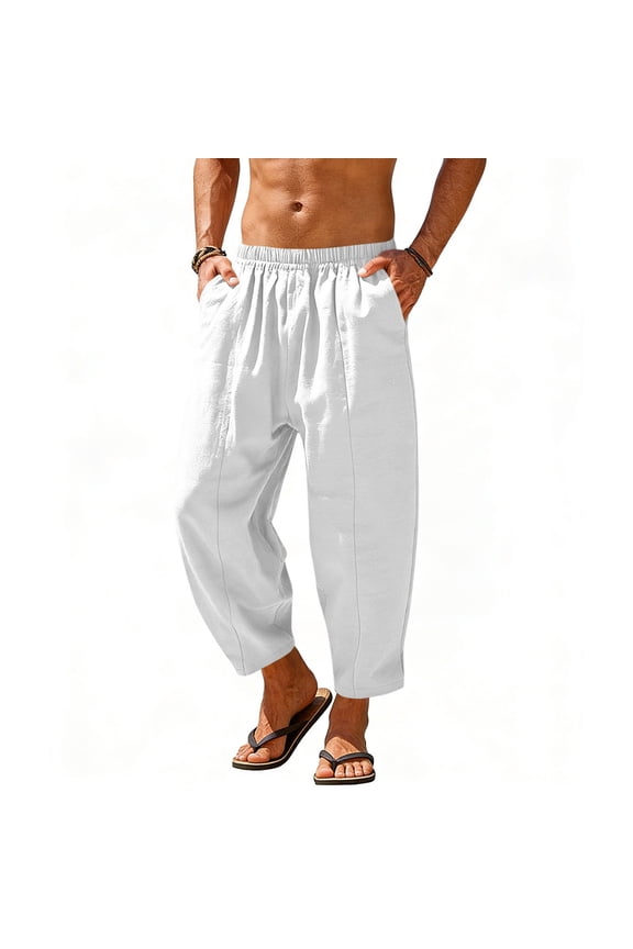 Men's Cotton Linen Harem Pants Drawstring Casual Cropped Trousers Lightweight Loose Beach Yoga Pants with Pockets White