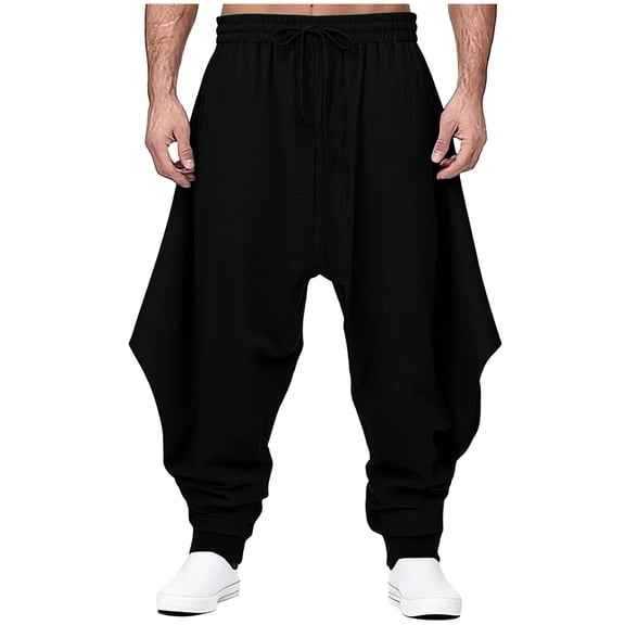 FRSASU Men's Drawstring Aladdin Hippie Elastic Waist Drawstring Linen Harem Pants Loose Drop Crotch Trousers Black
