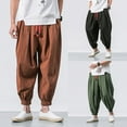 thumbnail image 1 of FRSASU Men's Cotton Linen Pants Casual Harem Pants Drawstring Elastic Waist Beach Boho Yoga Trousers Coffee, 1 of 7