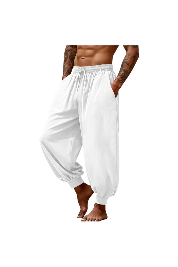 Men's Cotton Linen Pants Casual Harem Pants Drawstring Elastic Waist Beach Boho Yoga Trousers White