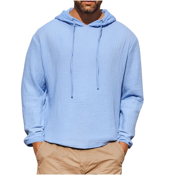 FRSASU Men's Cotton Linen Pullover Hoodie, Long-Sleeve Drawstring Slub thermal Blue