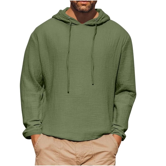 FRSASU Men's Cotton Linen Pullover Hoodie, Long-Sleeve Drawstring Slub thermal Green