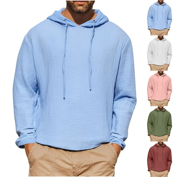FRSASU Men's Cotton Linen Pullover Hoodie, Long-Sleeve Drawstring Slub thermal White