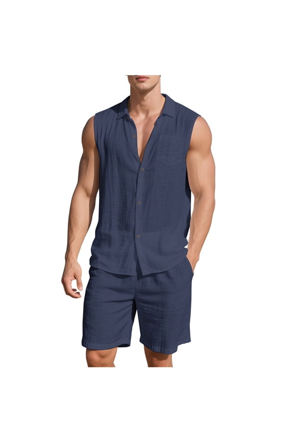 Men's Cotton Linen Sets 2 Piece Outfits Button Down Tank Tops Summer Beach Casual Short Sleeve Hippie Shirts Matching Shorts Set Navy