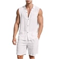 thumbnail image 1 of FRSASU Men's Cotton Linen Sets 2 Piece Outfits Button Down Tank Tops Summer Beach Casual Short Sleeve Hippie Shirts Matching Shorts Set White, 1 of 9