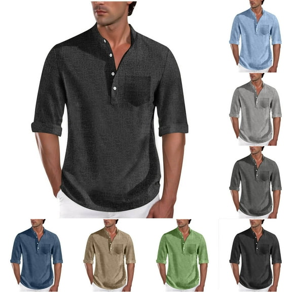 FRSASU Men's Cotton Linen Shirts 3/4 Sleeve Button Down Shirt Stand Collar Beach Shirts with Pockets Sky Blue