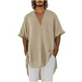 thumbnail image 1 of FRSASU Men's Cotton Linen Shirts 3/4 Sleeve Button Down Shirt V Collar Beach Shirts with Pockets Khaki, 1 of 6