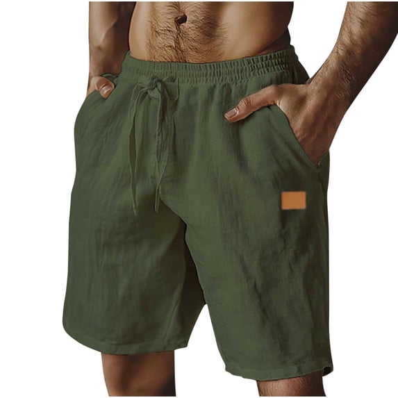 FRSASU Men's Cotton Linen Shorts Casual Elastic Waist Drawstring Summer Beach Vacation Shorts with Pockets Army Green