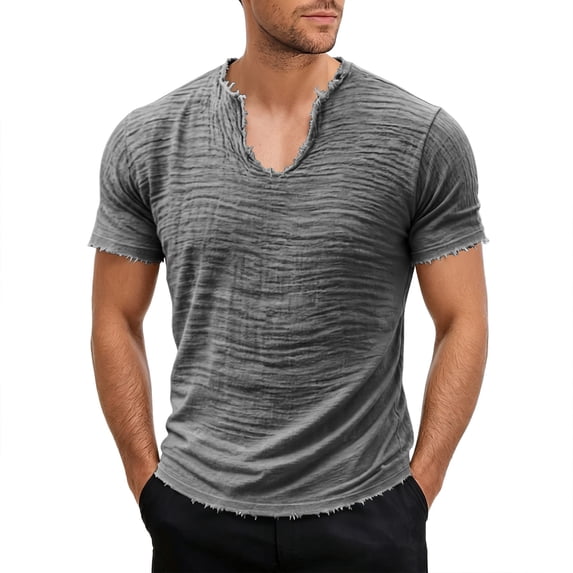 FRSASU Men's Cotton Linen T-Shirts V-Neck Raw Edge Washed Distressed Shirts Summer Short Sleeve Solid Loose Beach Tee Tops Gray