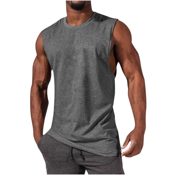 FRSASU Men's Cotton Sleeveless Tank Tops Cut off Muscle Gym Workout Running Beach Loose Fit Tees Gray