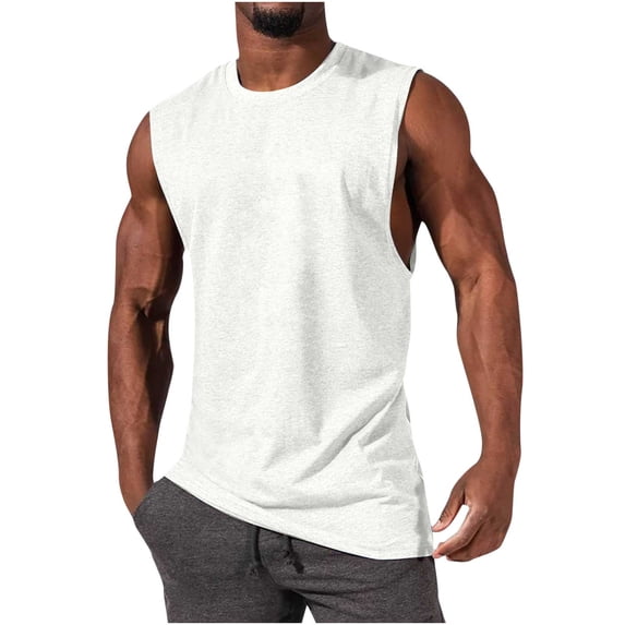 FRSASU Men's Cotton Sleeveless Tank Tops Cut off Muscle Gym Workout Running Beach Loose Fit Tees White