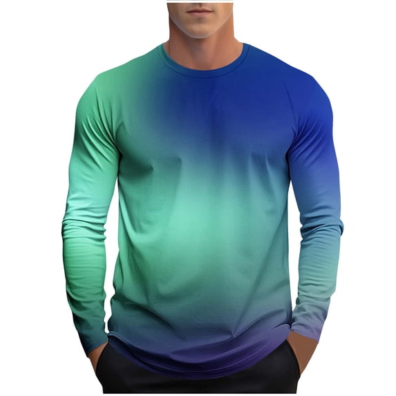 FRSASU Men's Cotton T-Shirts-Long Sleeve Crew Neck Quick Dry Athletic Gradient Color Casual Basic Tee Tops Blue