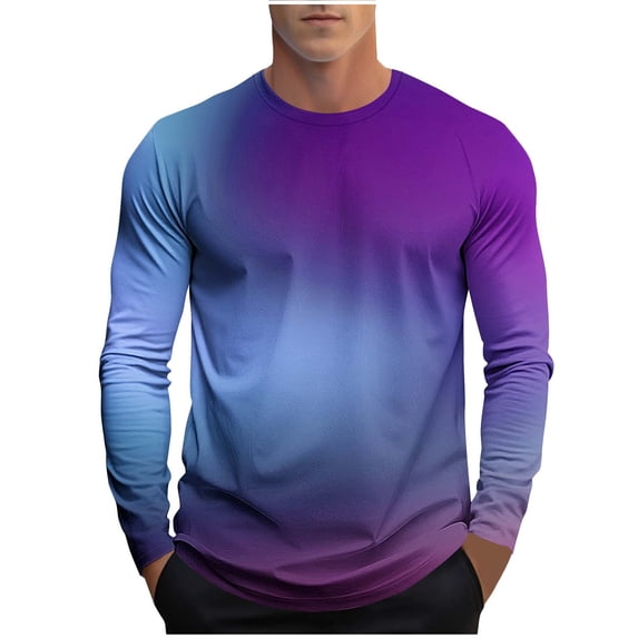 FRSASU Men's Cotton T-Shirts-Long Sleeve Crew Neck Quick Dry Athletic Gradient Color Casual Basic Tee Tops Light Blue
