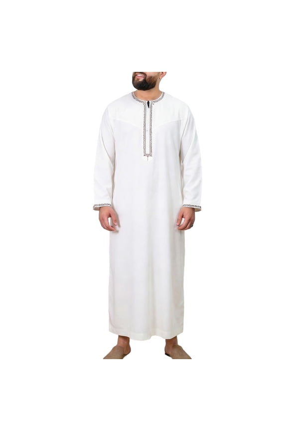 Men's Crew Neck Robe Muslim Clothes Kimono Loose 1/4 Zipper Abaya Dresses Long Sleeve Embroidered Kaftan Thobe Casual formal Dubai Thobe White
