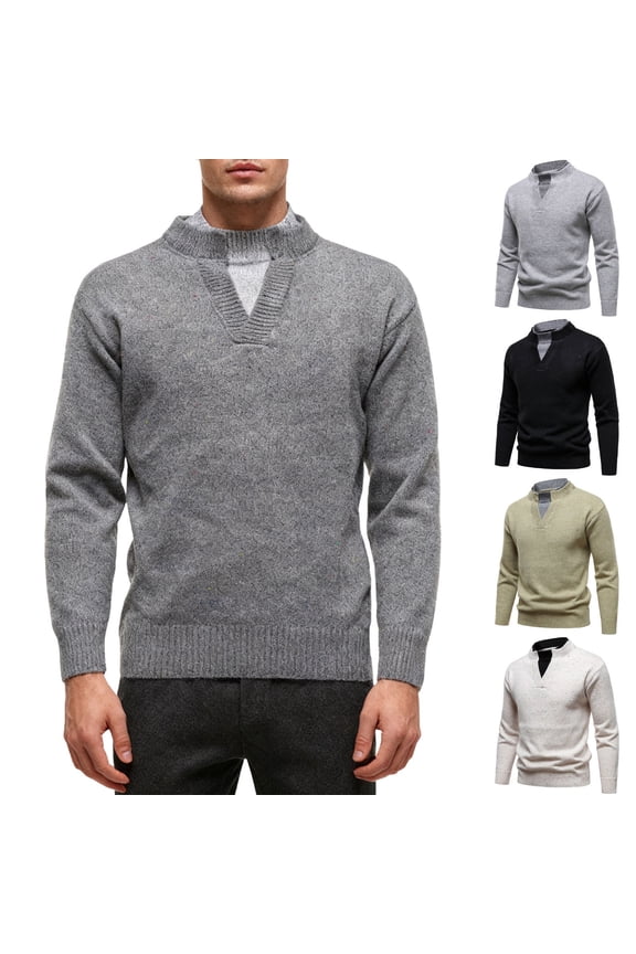Men's Crew Neck Sweaters Jumpers 2 in 1 Knitted Sweater with V Shirt Neck Casual Business Knitwear Pullover Solid Color Gray