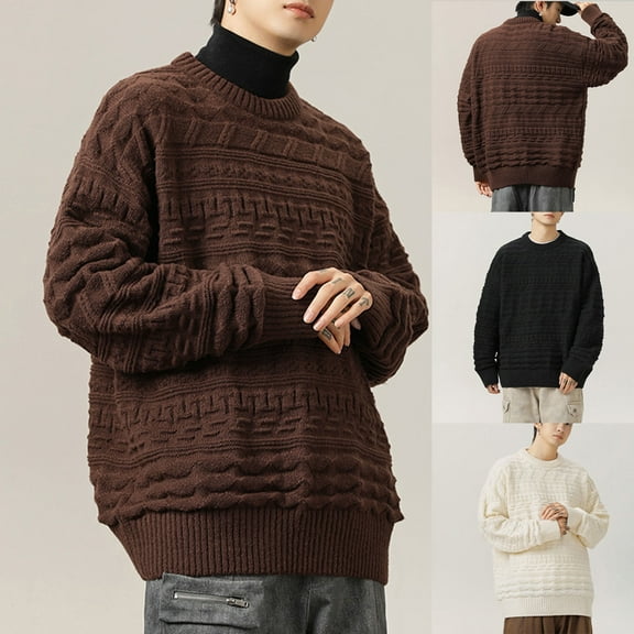 FRSASU Men's Crewneck Pullover Sweater Cable Knit Long Sleeve Sweater Winter Warm Chunky Textured Sweater Tops White