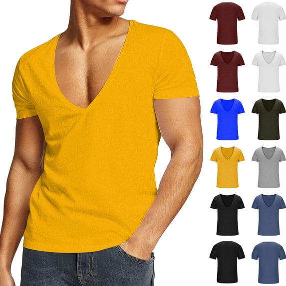 FRSASU Men's Deep V Neck T-Shirt Stretch Muscle Gym Workout Tee Shirt Short Sleeve Slim Fit Low Cut Tank Tops Yellow