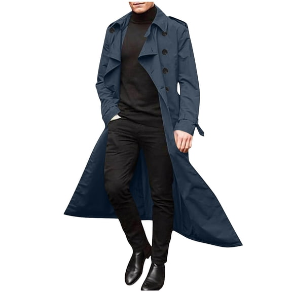 FRSASU Men's Double Breasted Trench Coat Casual Slim Fit Long Jacket Lightweight Windproof Overcoat Windbreaker Navy