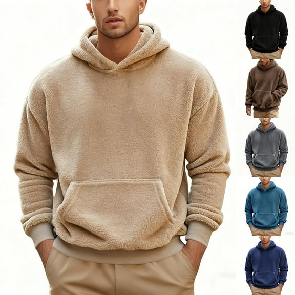 FRSASU Men's Double-Sided Velvet Hoodie Sweatshirts Solid Color Long Sleeves Pullover Casual Fashion Winter Warm Blouse with Pocket Navy