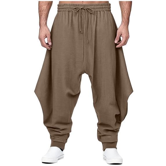 FRSASU Men's Drawstring Aladdin Hippie Elastic Waist Drawstring Linen Harem Pants Loose Drop Crotch Trousers Khaki