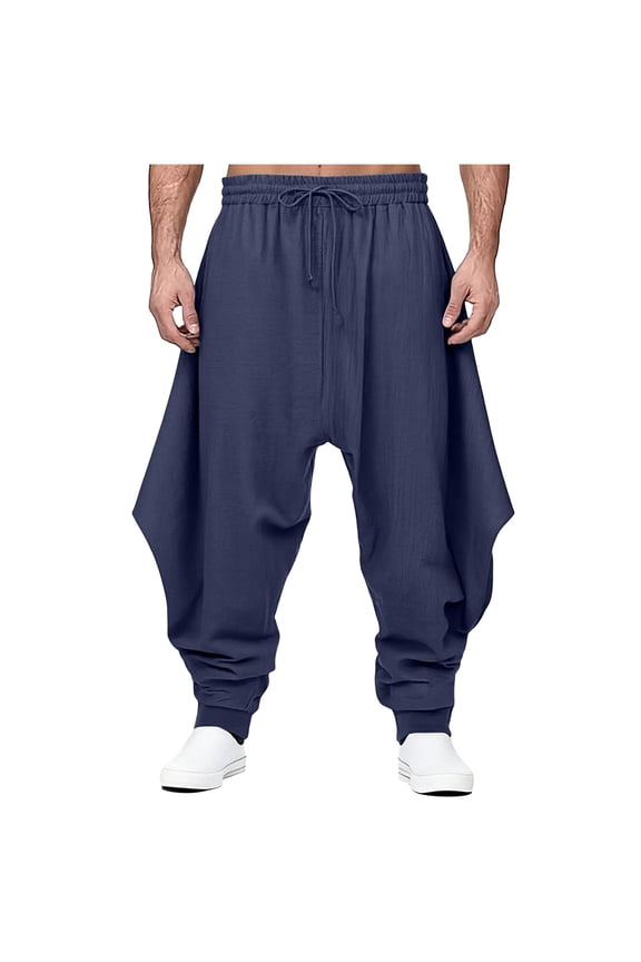 Men's Drawstring Aladdin Hippie Elastic Waist Drawstring Linen Harem Pants Loose Drop Crotch Trousers Navy
