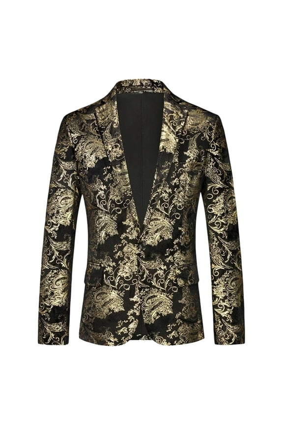 Men's Dress Party Floral Suit Jacket Notched Lapel Slim Fit One Button Stylish Blazer Gold