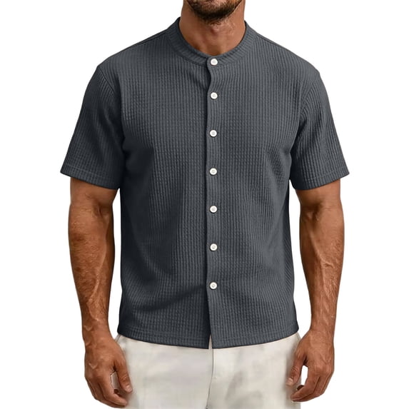 FRSASU Men's Dress Shirts Short Sleeve Button Down Mandarin Collar Shirt Solid Casual Summer Vacation Tops Gray