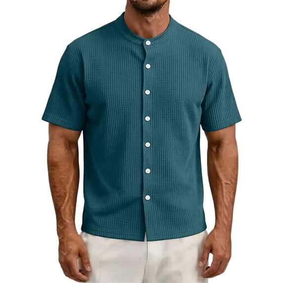 FRSASU Men's Dress Shirts Short Sleeve Button Down Mandarin Collar Shirt Solid Casual Summer Vacation Tops Green