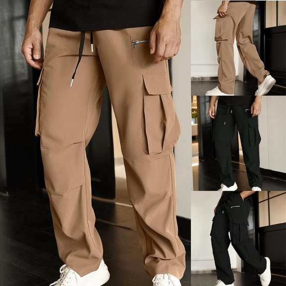 FRSASU Men's Elastic Waist Cargo Pants,Casual Loose Fit Lightweight Workwear Pants with Pocket Khaki