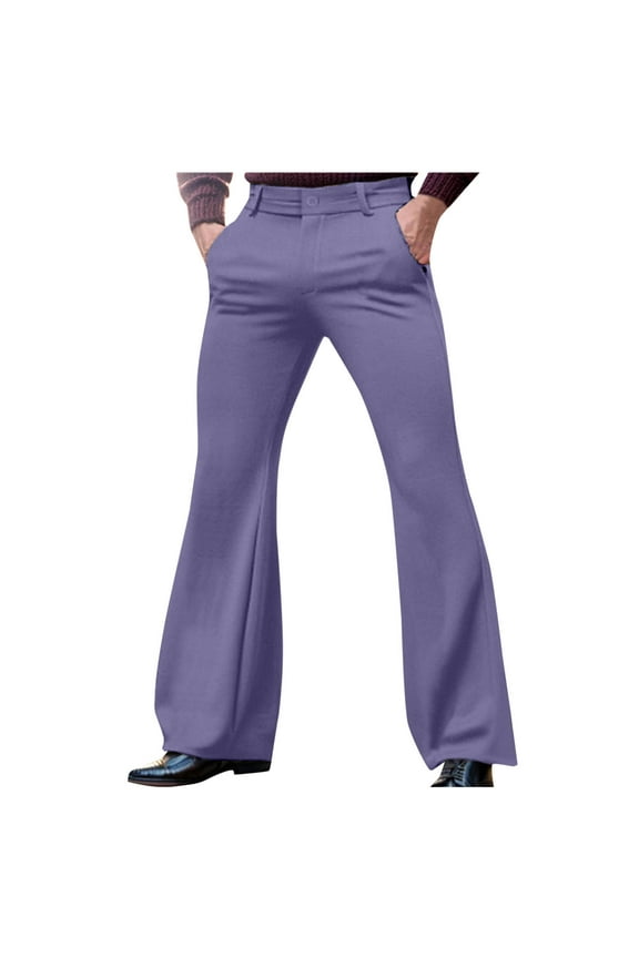 Men's Elegant Flare Pants Stand Pocket Solid Color Basic Stretch Trouser for Party Club Men's Buttons Up Pants Purple