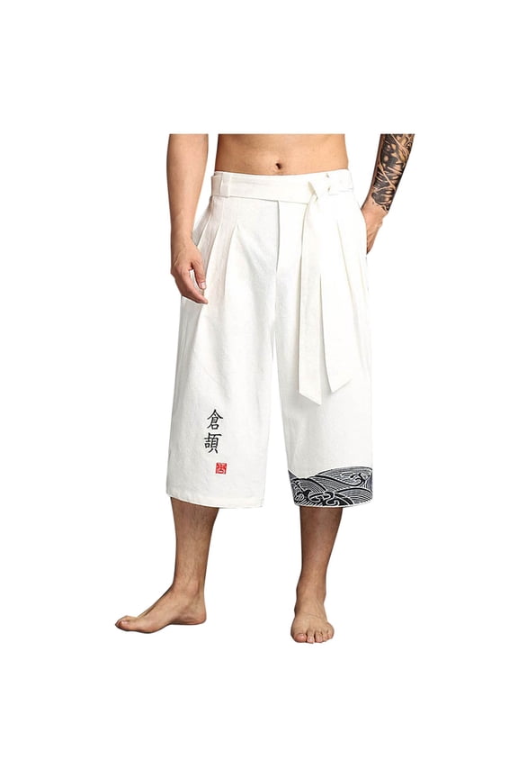 Men's Embroidery Japanese Kimono Traditonal Beach Pants Cotton Linen Capri Summer Harem Pants Wide Leg Cropped Pant White