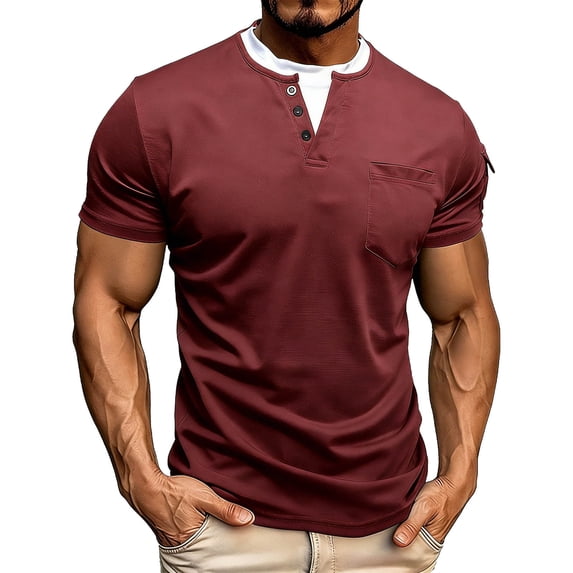 FRSASU Men's Fake Two-piece Short Sleeve Shirt Crewneck Button Layered Casual Pullover Solid Shirts Wine