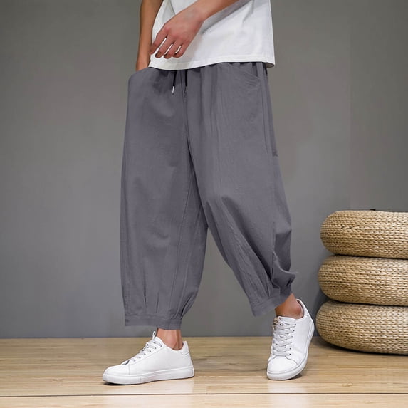 FRSASU Men's Fashion Casual Drawstring Pants Elastic Waist Casual Summer Beach seven quarter pants with pockets Dark Gray
