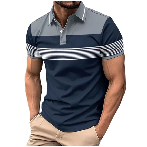 FRSASU Men's Fashion Color Block Polo Shirts Casual Short Sleeve Striped Gray