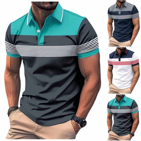 FRSASU Men's Fashion Color Block Polo Shirts Casual Short Sleeve Striped White