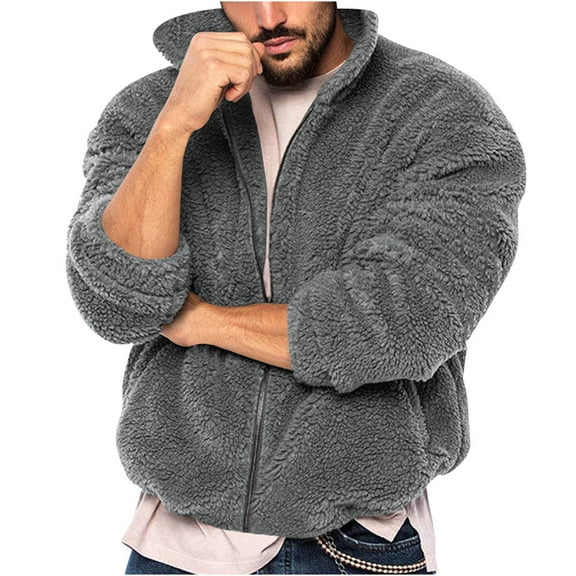 FRSASU Men's Fashion Double Sided Velvet Jackets Zipper Hooded Cardigan Long Sleeve Loose Coats Casual Warm Tops with Pocket Dark Gray