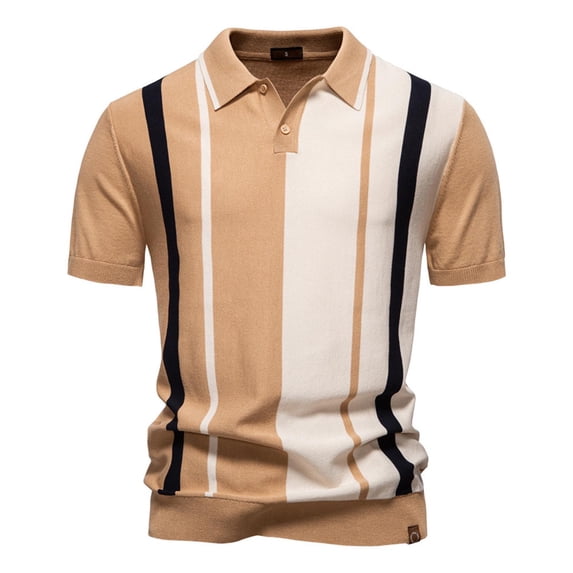 FRSASU Men's Fashion Polo Shirts Vintage Striped Knitting Short Sleeve T-Shirts Casual Slim Fit Golf Shirts Khaki