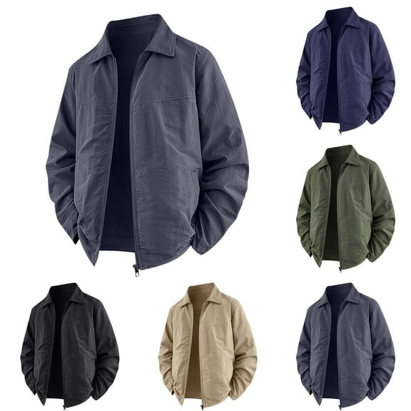 FRSASU Men's Fashion Turn-down Collar Zip Solid Color Loose Casual Long Sleeve Mountaineering Jackets with Pocket Navy