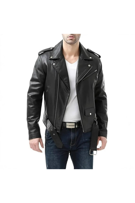 Men's Fashionable PU Leather Jacket Lapel Collar Motorcycle Coat Full Zip Leather Jackets Black
