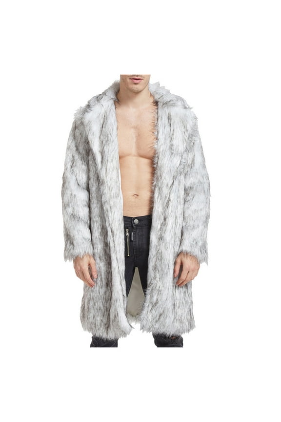 Men's Faux Fleece Coat Winter Long Faux Mink Coat Fluffy Thick Trench Coat for Men Gray