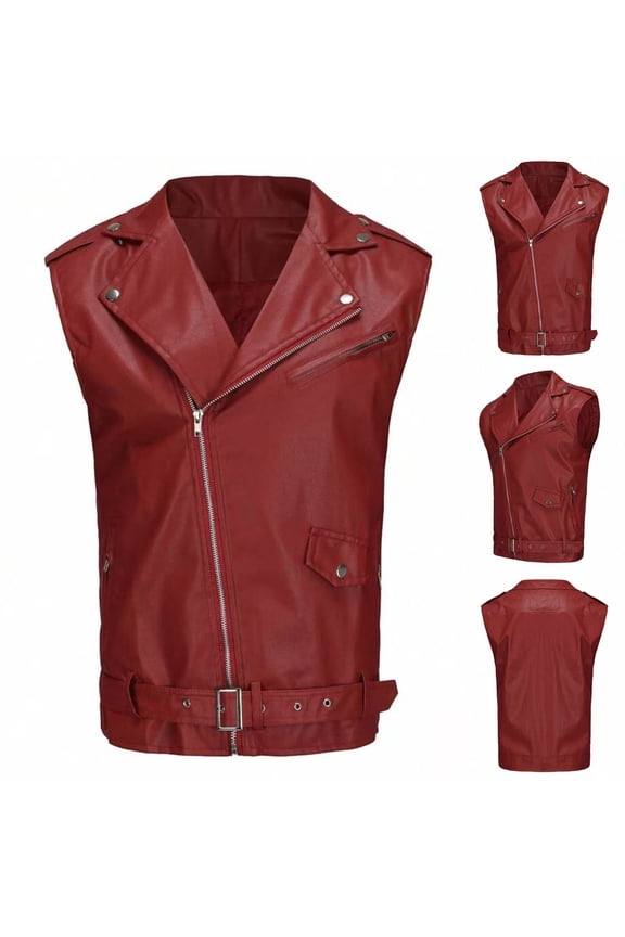 Men's Faux Leather Biker Sleeveless Jacket Vintage Zip Motorcycle Vest PU Lightweight Punk Belted Coat Wine