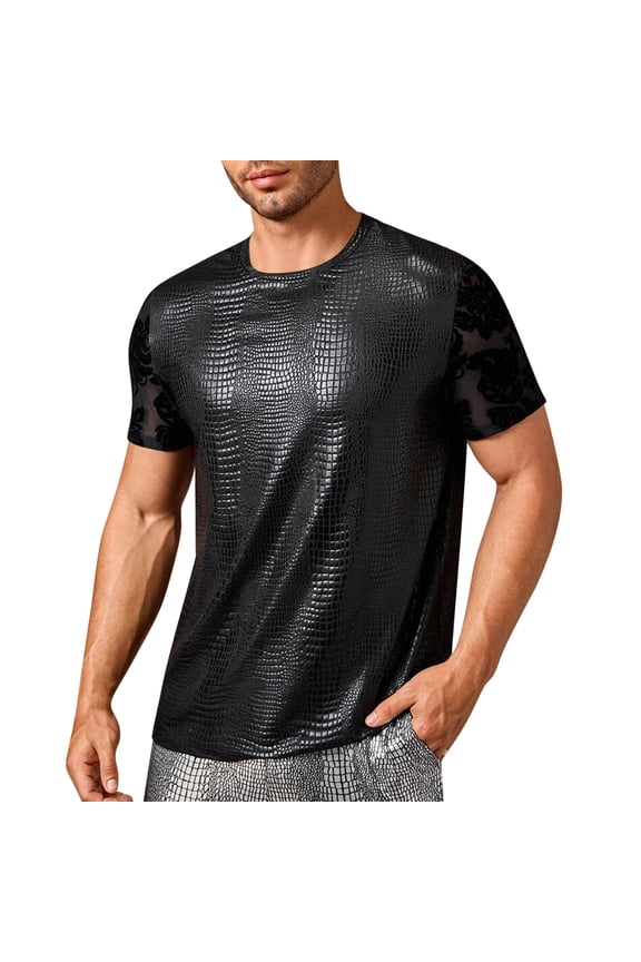 Men’s Faux Leather Shirts Short Sleeve Slim Fit Texture Tops Short Sleeve Crew Neck Clubwear Black Leather T-Shirts with Lace Edges Black