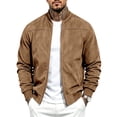 thumbnail image 1 of FRSASU Men's Faux Suede Bomber Jacket Zip‑Up Ribbed Collar Casual Lightweight Outerwear with Side Pockets Beige, 1 of 8